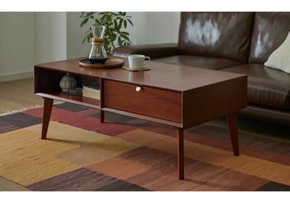 リビングテーブル 幅105cm 北欧 ヴィンテージ 天然木 マホガニー 完成品 ローテーブル センターテーブル 収納家具 おしゃれ モダン  木製 引き出し付き オープン収納 高級感 AVA アヴァ(代引不可)