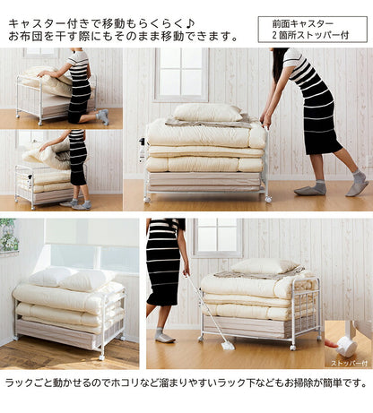 布団ラック3段階調整 耐荷重 50kg 布団落下防止機能 ストッパー機能キャスター付き ふとん収納 布団 棚 毛布 マットレス 収納 ウォークイン クローゼット 布団収納ラック 台 押し入れ収納
