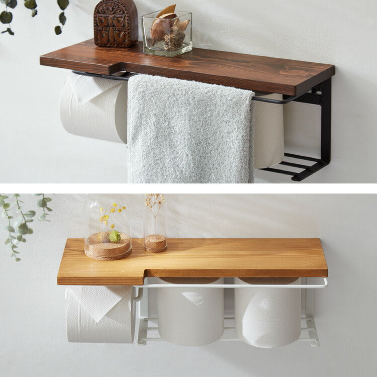 トイレットペーパーホルダー おしゃれ スタイリッシュ 落下防止 トイレットペーパー置き 壁掛け ヴィンテージ 収納付き 棚付き 天然木 アイアン