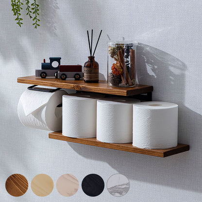 トイレットペーパーホルダー おしゃれ スタイリッシュ 落下防止 トイレットペーパー置き 壁掛け ヴィンテージ 収納付き 棚付き 天然木 アイアン