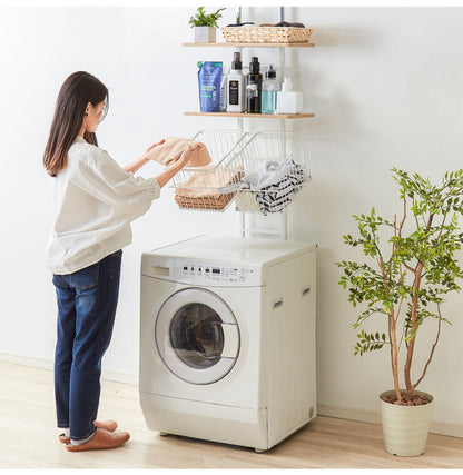 突っ張り式 棚2枚 バスケット2個 洗濯機ラック つっぱり 洗濯機 ラック 収納 収納棚 ランドリー ランドリーラック 収納ラック(代引不可)
