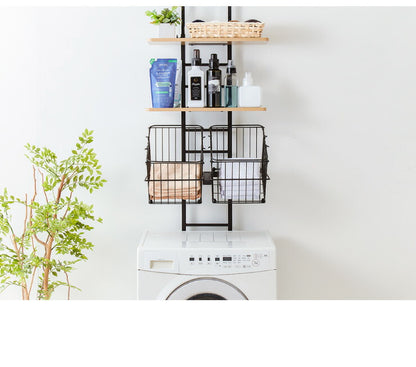突っ張り式 棚2枚 バスケット2個 洗濯機ラック つっぱり 洗濯機 ラック 収納 収納棚 ランドリー ランドリーラック 収納ラック(代引不可)