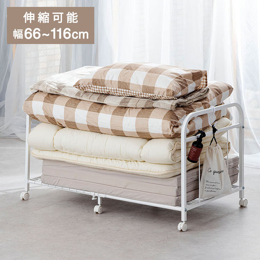 伸縮式 布団 収納 ラック 66cm~116cm ハイタイプ 布団落下防止機能 ストッパー機能キャスター付き 整理棚 干し 整理棚