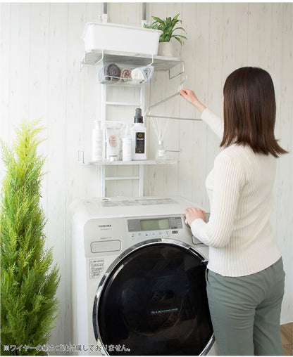 伸縮 突っ張りランドリーラック 大理石柄 2枚 ワイヤー付き バスケット 防水パン対応 突っ張り 突っ張り式ランドリーラック バスケット カゴ 洗濯 洗濯機 ラック ランドリー収納 洗面所 フラット棚(代引不可)