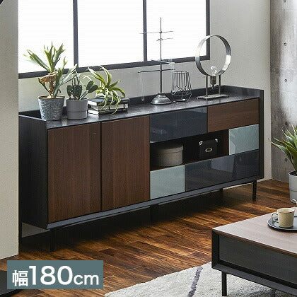 キャビネット 完成品 幅180 木目×ガラスデザイン ガラス天板 リビングボード 2口コンセント チェスト スチール脚 扉 引き出し 収納 おしゃれ モダン(代引不可)