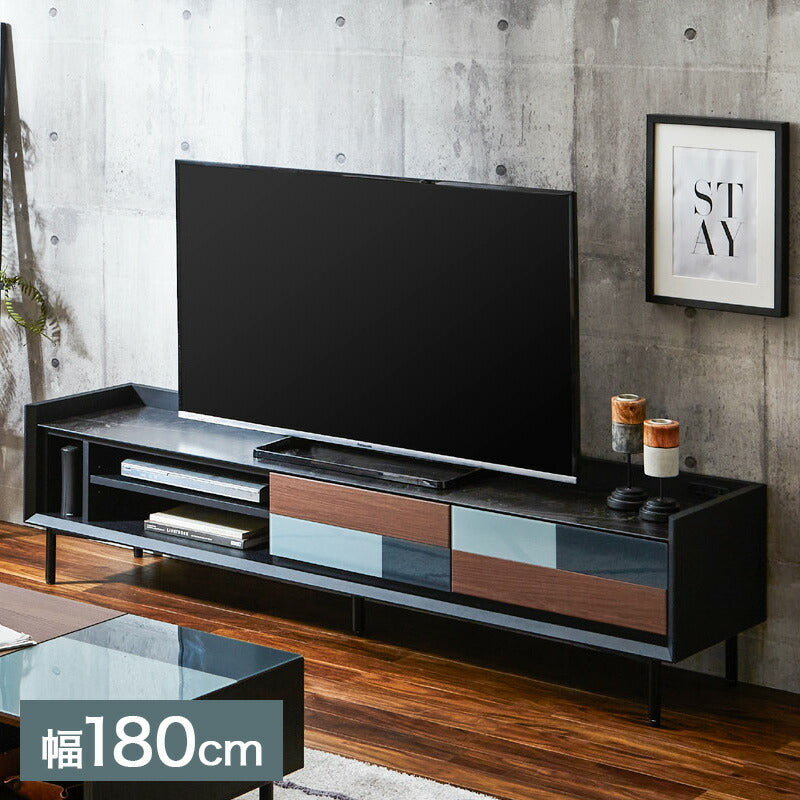 テレビ台 テレビボード 完成品 幅180 木目×ガラスデザイン ガラス天板 ローボード 2口コンセント TV台 TVボード スチール脚 おしゃれ モダン(代引不可)