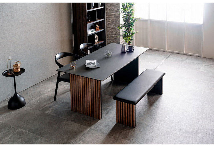 ダイニングセット 4点セット テーブル ベンチ チェア2脚 棚付き 収納 ダイニングテーブル セラミック 木製 オーク ウォールナット おしゃれ モダン 和風 リビング 食卓 ダイニングチェア 椅子(代引不可)