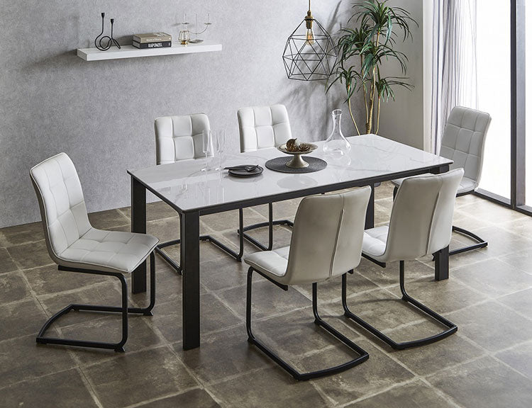 セラミック 伸縮 ダイニングセット 6人掛け 7点セット ダイニングテーブルセット 伸長式 幅130~幅170 合皮 デザインチェア 鏡面 ダイニングチェア 耐水 耐熱 大理石調(代引不可)