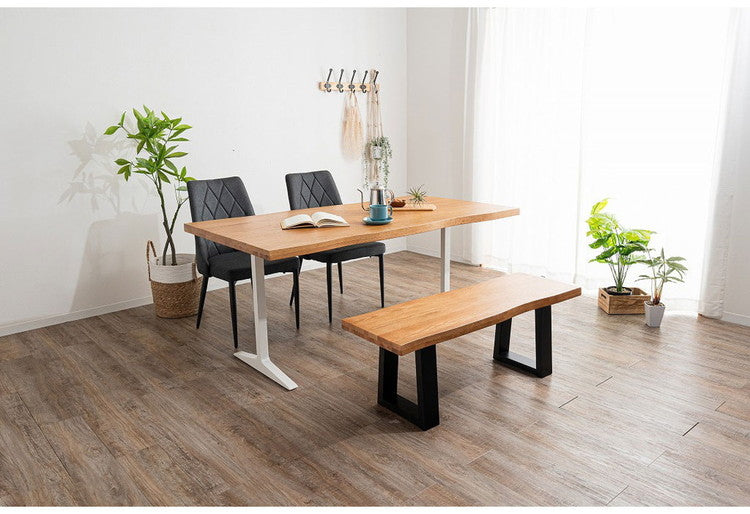 ダイニングセット 4点セットA T字脚テーブル ベンチ チェア2脚 木製 スチール オーク 重厚感 厚天板 耐久性 おしゃれ 耳付き シンプル ナチュラル 自然 温かみ 編み目 リビング ダイニング 食卓 椅子(代引不可)
