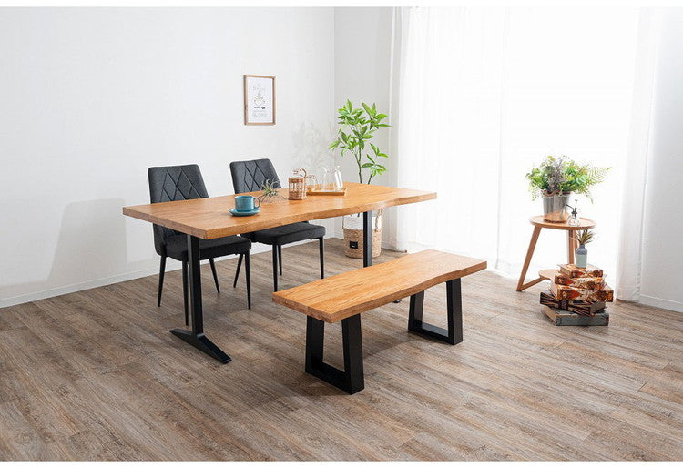 ダイニングセット 4点セットA T字脚テーブル ベンチ チェア2脚 木製 スチール オーク 重厚感 厚天板 耐久性 おしゃれ 耳付き シンプル ナチュラル 自然 温かみ 編み目 リビング ダイニング 食卓 椅子(代引不可)