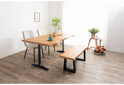 ダイニングセット 4点セットB T字脚テーブル ベンチ チェア2脚 木製 スチール オーク 重厚感 厚い 耐久性 おしゃれ 耳付き シンプル ナチュラル 自然 温かみ ステッチ リビング ダイニング 食卓 椅子(代引不可)