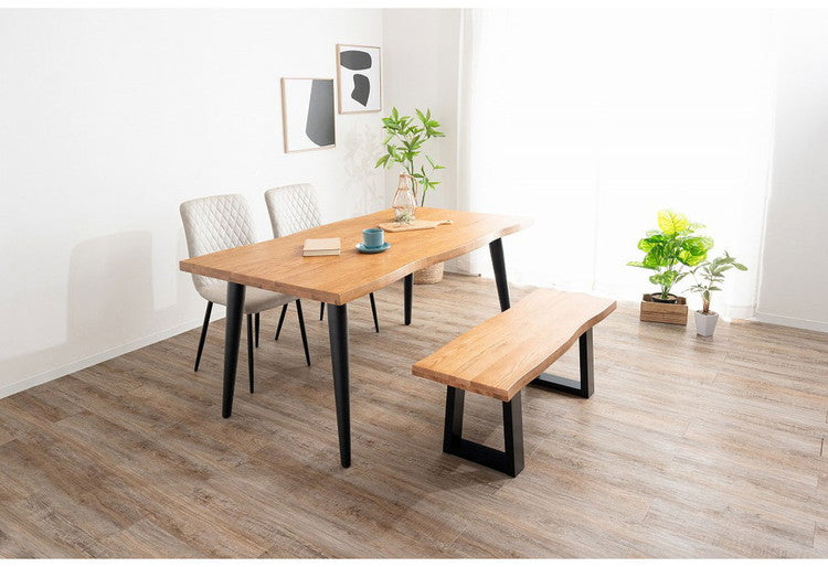 ダイニングセット 4点セットD テーブル ベンチ チェア2脚 木製 スチール オーク スクエア/4本脚 厚い 耐久性 おしゃれ 耳付き シンプル ナチュラル 温かみ ステッチ リビング ダイニング 食卓 椅子(代引不可)