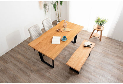 ダイニングセット 4点セットD テーブル ベンチ チェア2脚 木製 スチール オーク スクエア/4本脚 厚い 耐久性 おしゃれ 耳付き シンプル ナチュラル 温かみ ステッチ リビング ダイニング 食卓 椅子(代引不可)