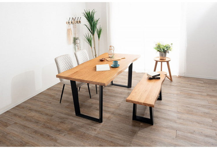 ダイニングセット 4点セットD テーブル ベンチ チェア2脚 木製 スチール オーク スクエア/4本脚 厚い 耐久性 おしゃれ 耳付き シンプル ナチュラル 温かみ ステッチ リビング ダイニング 食卓 椅子(代引不可)