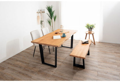 ダイニングセット 4点セットD テーブル ベンチ チェア2脚 木製 スチール オーク スクエア/4本脚 厚い 耐久性 おしゃれ 耳付き シンプル ナチュラル 温かみ ステッチ リビング ダイニング 食卓 椅子(代引不可)