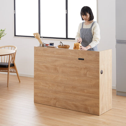 手元を隠す キッチンカウンター 間仕切り 完成品 幅120 ステンレス天板 モイス加工 スライド棚 耐水 耐熱 コンセント付き 引き出し 食器棚 キッチンボード グレー オーク ブラウン(代引不可)