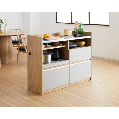 手元を隠す キッチンカウンター 間仕切り 完成品 幅120 ステンレス天板 モイス加工 スライド棚 耐水 耐熱 コンセント付き 引き出し 食器棚 キッチンボード グレー オーク ブラウン(代引不可)