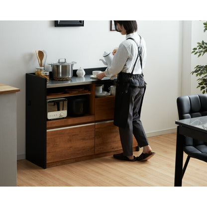 手元を隠す キッチンカウンター 間仕切り 完成品 幅120 ステンレス天板 モイス加工 スライド棚 耐水 耐熱 コンセント付き 引き出し 食器棚 キッチンボード グレー オーク ブラウン(代引不可)