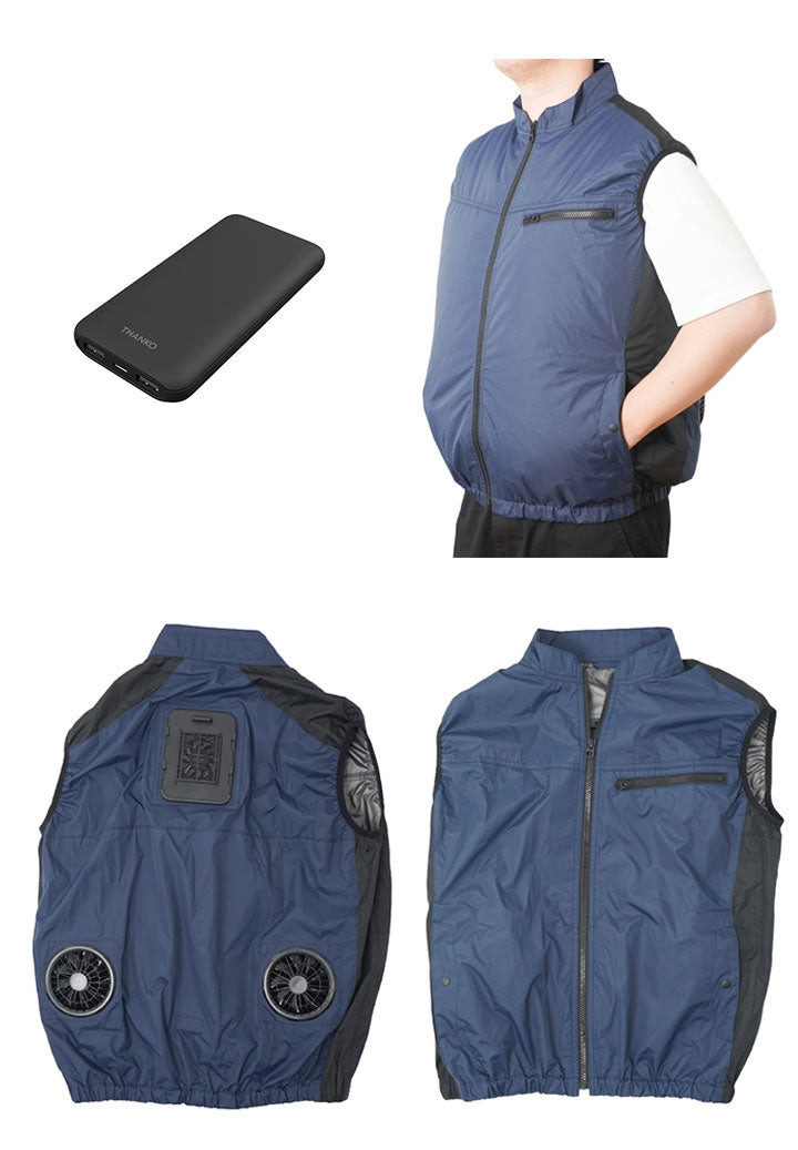 【5個セット】 モバイルバッテリーセット 冷却ベスト ペルチェ式 冷蔵服 空調作業服 洗濯可能 10000mAhバッテリー フリーサイズ M X XL サイズ ネイビー 熱中症対策 THANKO サンコー TKCV24FNV