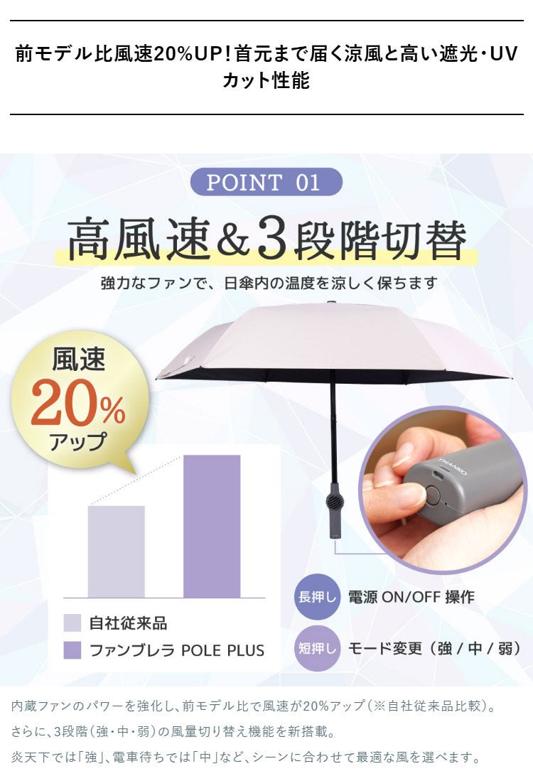 扇風機 日傘 ファン付き 折りたたみ ファンブレラPOLE PLUS 熱中症対策 晴雨兼用 UVカット 軽量 USB充電 ファンが入った涼しい日傘 ベージュ グレー サンコー TKFP26SJU TKFP26SGY