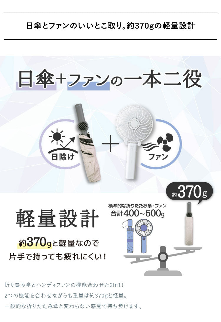 扇風機 日傘 ファン付き 折りたたみ ファンブレラPOLE PLUS 熱中症対策 晴雨兼用 UVカット 軽量 USB充電 ファンが入った涼しい日傘 ベージュ グレー サンコー TKFP26SJU TKFP26SGY