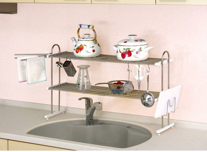 伸縮式 水切りラック 2段 水切り棚 ふきん掛け/フック/箸立て/まな板スタンド 付属 キッチンラック キッチン収納 キッチンラック シンク収納 シンプル(代引不可)