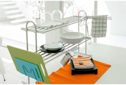 伸縮式 水切りラック 2段 水切り棚 ふきん掛け/フック/箸立て/まな板スタンド 付属 キッチンラック キッチン収納 キッチンラック シンク収納 シンプル(代引不可)