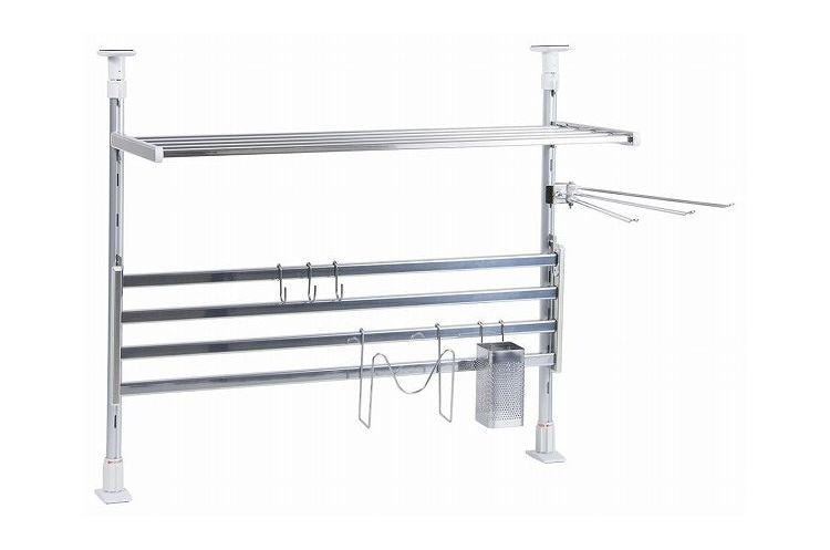 日本製 突っ張り棚 2段 幅61.7cm ふきん掛け/フック/箸立て/まな板スタンド 付属 キッチンラック 突っ張りラック つっぱりラック キッチン収納 キッチンラック 壁面収納 シンク収納 シンプル(代引不可)