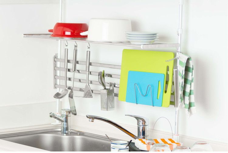 日本製 突っ張り棚 2段 幅91.7cm ふきん掛け/フック/箸立て/まな板スタンド 付属 キッチンラック 突っ張りラック つっぱりラック キッチン収納 キッチンラック 壁面収納 シンク収納 シンプル(代引不可)