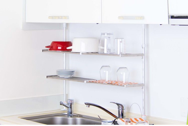 伸縮式 突っ張り棚 2段 水切り棚 水切りラック キッチンラック 突っ張りラック つっぱりラック キッチン収納 キッチンラック 壁面収納 シンク収納 シンプル(代引不可)