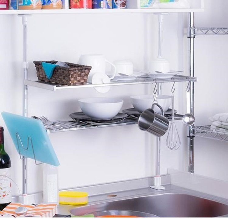 突っ張り棚 2段 水切り棚 水切りラック フック・まな板スタンド付き キッチンラック 突っ張りラック つっぱりラック キッチン収納 キッチンラック 壁面収納 シンク収納 シンプル(代引不可)