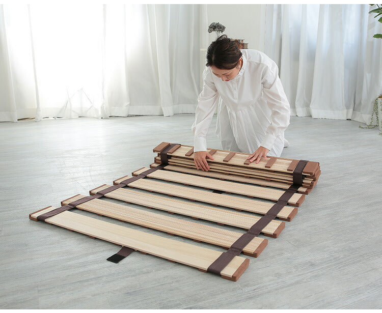 天然木 桐製 ロール式すのこベッド ダブル 幅140 軽量 ロールタイプ 折りたたみベッド 薄型 すのこベッド 木製 ベッド コンパクト 省スペース(代引不可)