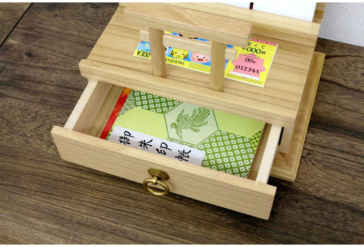 鳥居付きお札立て 天然木 桐材 3枚分 お札立て 木製 御朱印帳も収納可能 宝くじ置き場 完成品 おふだ お札 納める 置き型 直置きタイプ スタンド 御札立て 幅27cm 奥行20cm 高さ21.6cm 引き出し付き(代引不可)