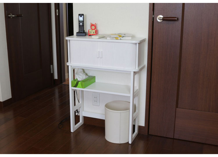 天然木ジャバラ扉のコンソールテーブル ホワイト 天然木 コンソールテーブル 玄関 廊下 省スペース(代引不可)