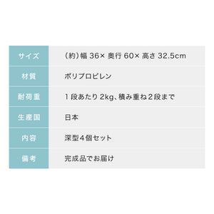 日本製 収納ケース 深型4個セット 奥行60cm 幅36cm 高さ32.5cm クローゼット収納 引き出し収納 衣類ケース 衣装ケース 押入れ収納 押し入れ収納 スタッキング 隙間収納(代引不可)