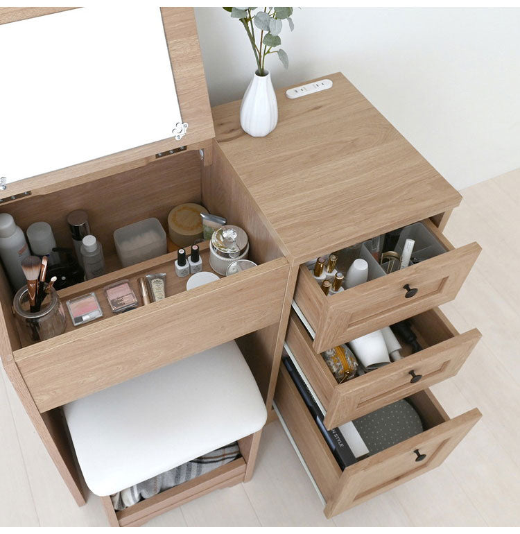 ドレッサー デスク 兼用 ドレッサーデスクグレーナチュラル コンパクト メイク 椅子付き 可愛い おしゃれ かわいい 白 コンセント付き 収納 鏡台 ミラー 女の子 スツール 韓国 木製 幅80cm