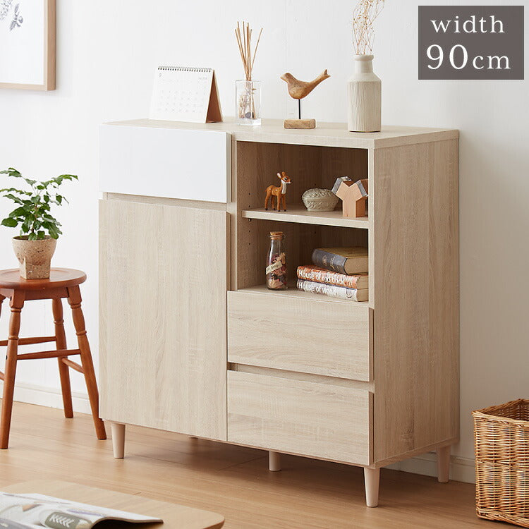 キャビネット 幅90 リビングボード 大容量 収納キャビネット 鏡面 白 木製 ツートン ホワイト 収納 引き出し リビング収納 チェスト ディスプレイ シンプル 北欧 おしゃれ HELM ヘルム(代引不可)