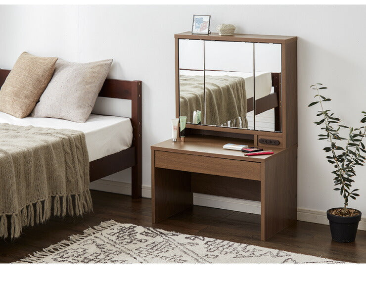 ドレッサー デスク ロータイプ 三面鏡 収納 引き出し 2口 コンセント 幅60 高さ90 ミラー 3面鏡 鏡台 メイク台 化粧台 おしゃれ