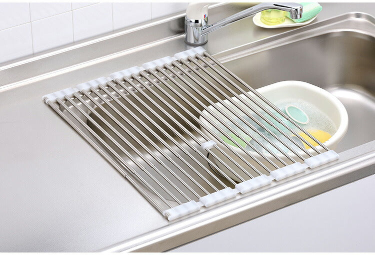 下村企販 日本製 燕三条 たためてしまえる伸縮水切り ワイド 幅36.8~59 奥行39.3 シンクに渡せる 伸縮水切りラック コンパクト シンク上 水切り 食器 野菜 水切りラック 棚 すのこ ステンレス 伸縮式