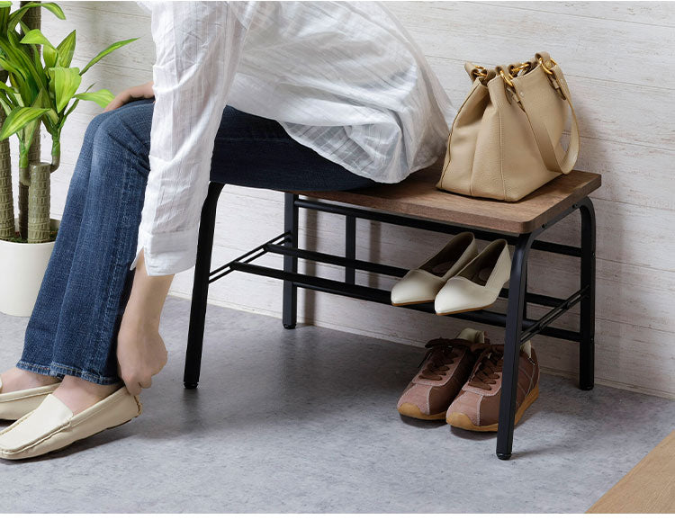 下村企販 日本製 燕三条 耐荷重100kg ラバーウッド玄関ベンチ 幅60cm 頑丈 棚付きベンチ 収納付き 玄関収納 玄関ベンチ シューズラック 腰掛け おしゃれ