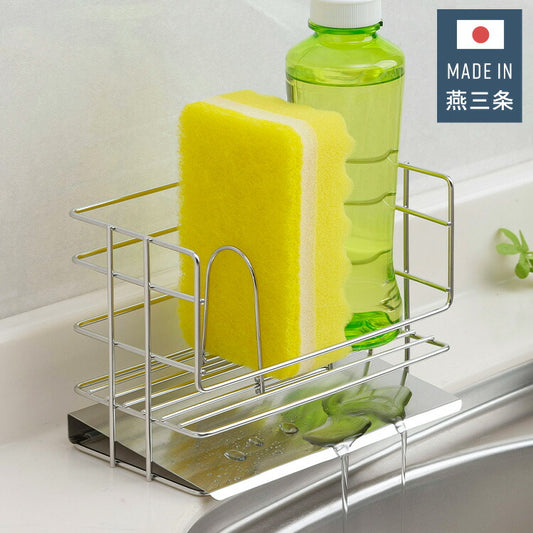 下村企販 日本製 燕三条 斜めトレー付洗剤スポンジラック ミニ 水切りラック 水切りかご ステンレス ラック 棚 シンク周り 整頓 収納 スポンジラック 洗剤ラック キッチン収納