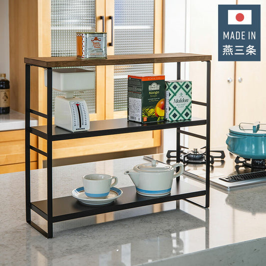 下村企販 日本製 燕三条 ラバーウッドキッチンラック 棚板2段 スリム カウンター上収納 ディスプレイラック 飾り棚 調味料ラック スパイスラック ステンレス キッチンラック