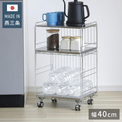 下村企販 日本製 燕三条 ステンレス棚のスタッキングワゴン 2段 キッチンワゴン ストッカー キッチンラック バスケット かご キャスター 頑丈 ステンレス スタッキングワゴン