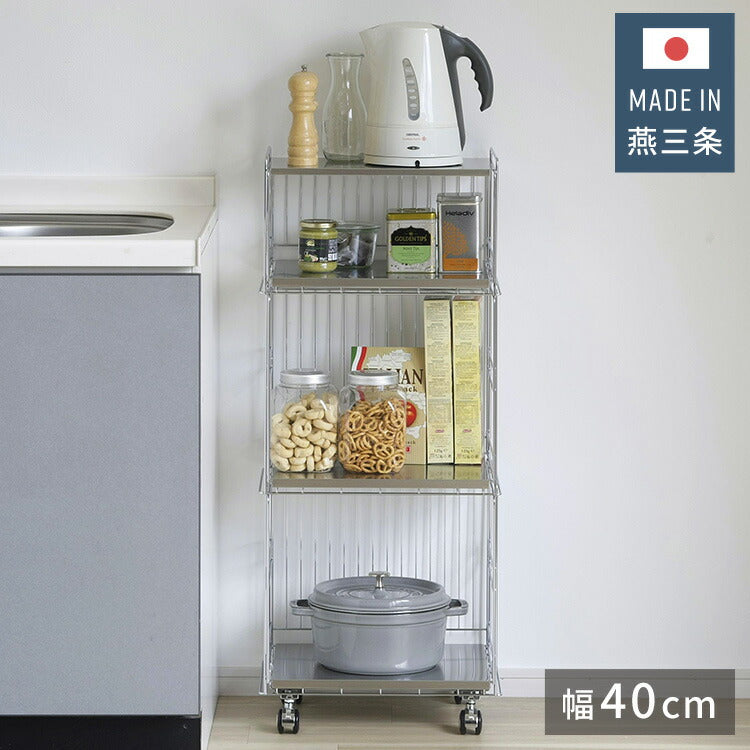 下村企販 日本製 燕三条 ステンレス棚のスタッキングワゴン 3段 キッチンワゴン ストッカー キッチンラック バスケット かご キャスター 頑丈 ステンレス スタッキングワゴン
