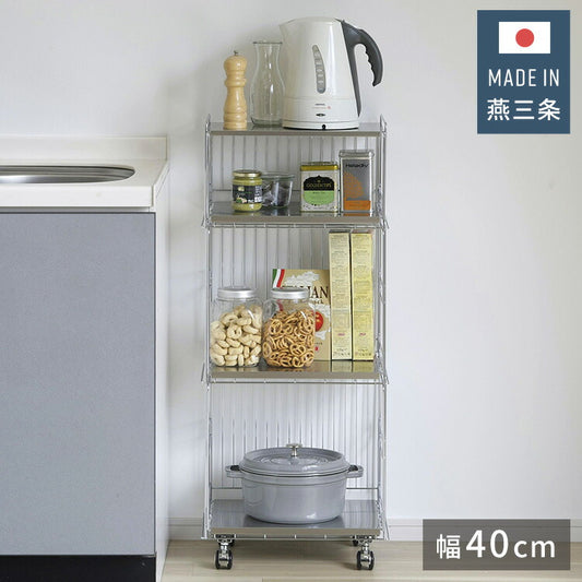 下村企販 日本製 燕三条 ステンレス棚のスタッキングワゴン 3段 キッチンワゴン ストッカー キッチンラック バスケット かご キャスター 頑丈 ステンレス スタッキングワゴン