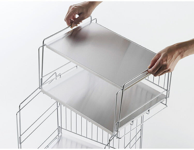 下村企販 日本製 燕三条 ステンレス棚のスタッキングワゴン 3段 キッチンワゴン ストッカー キッチンラック バスケット かご キャスター 頑丈 ステンレス スタッキングワゴン