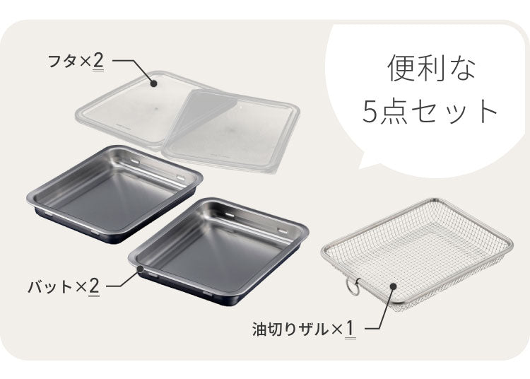 下村企販 日本製 蓋付きステンレスバット・油切りザルセット 燕三条 バット 揚げ物 ケース トレー 角型バット ざる ザル バスケット 温め直し グリル トースター(代引不可)