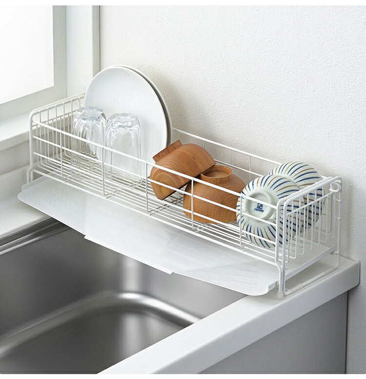 ヨシカワ 日本製 シンクサイド 幅の広がる水切り 抗菌ホワイト仕上げ 深型 燕三条 幅15~27.5×奥行57cm スライド 水切りラック 水切りカゴ 水切りかご 伸縮 大容量 白 ホワイト 1306239
