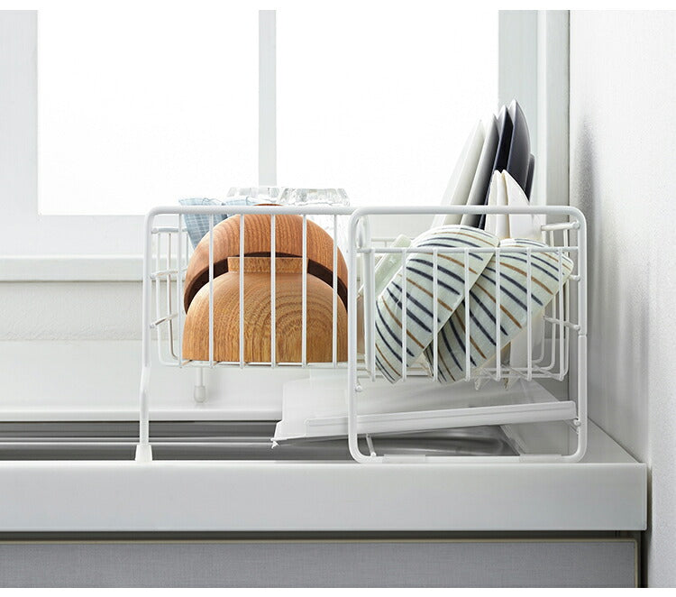 ヨシカワ 日本製 シンクサイド 幅の広がる水切り 抗菌ホワイト仕上げ 深型 燕三条 幅15~27.5×奥行57cm スライド 水切りラック 水切りカゴ 水切りかご 伸縮 大容量 白 ホワイト 1306239