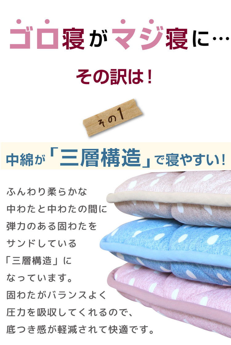 日本製 ドット柄 ごろ寝マット 65×115cm チェック ドット お昼寝布団 ごろ寝 長座布団 車中泊 安心の国産品 ふとん屋さんが作った長座布団 敷布団 布団 国産 固綿 高品質 日本(代引不可)